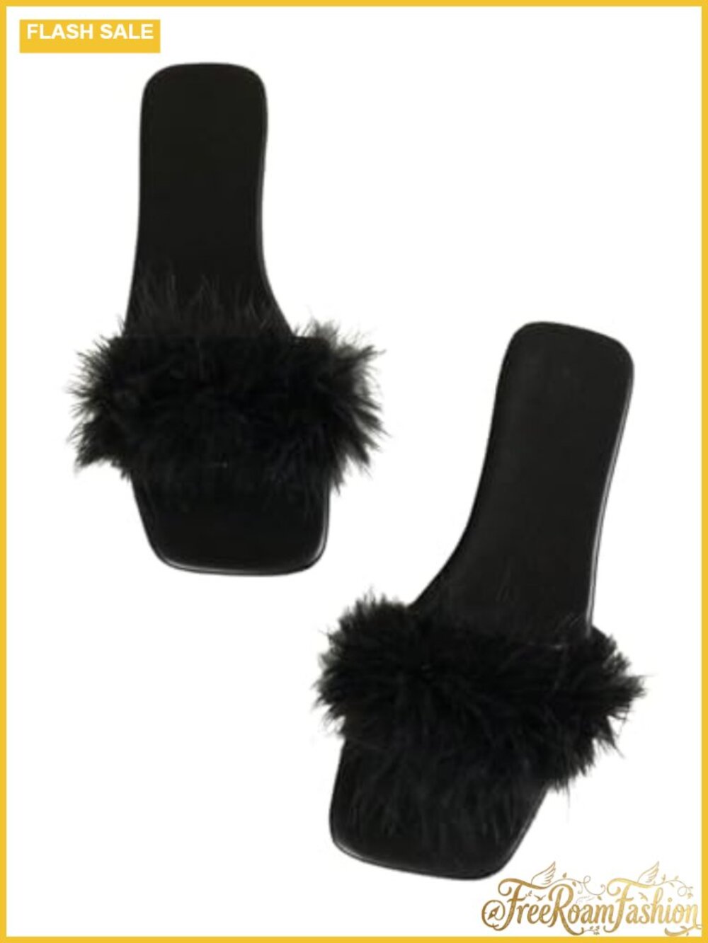 Fuzzy Feather Slip On Square Open Toe Flat Sandals Dressy Summer Slide